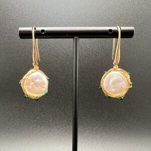 Coin Pearl Drop Earrings Gold Tone Wire Wrapped Beaded Green Boho Earthy Coastal